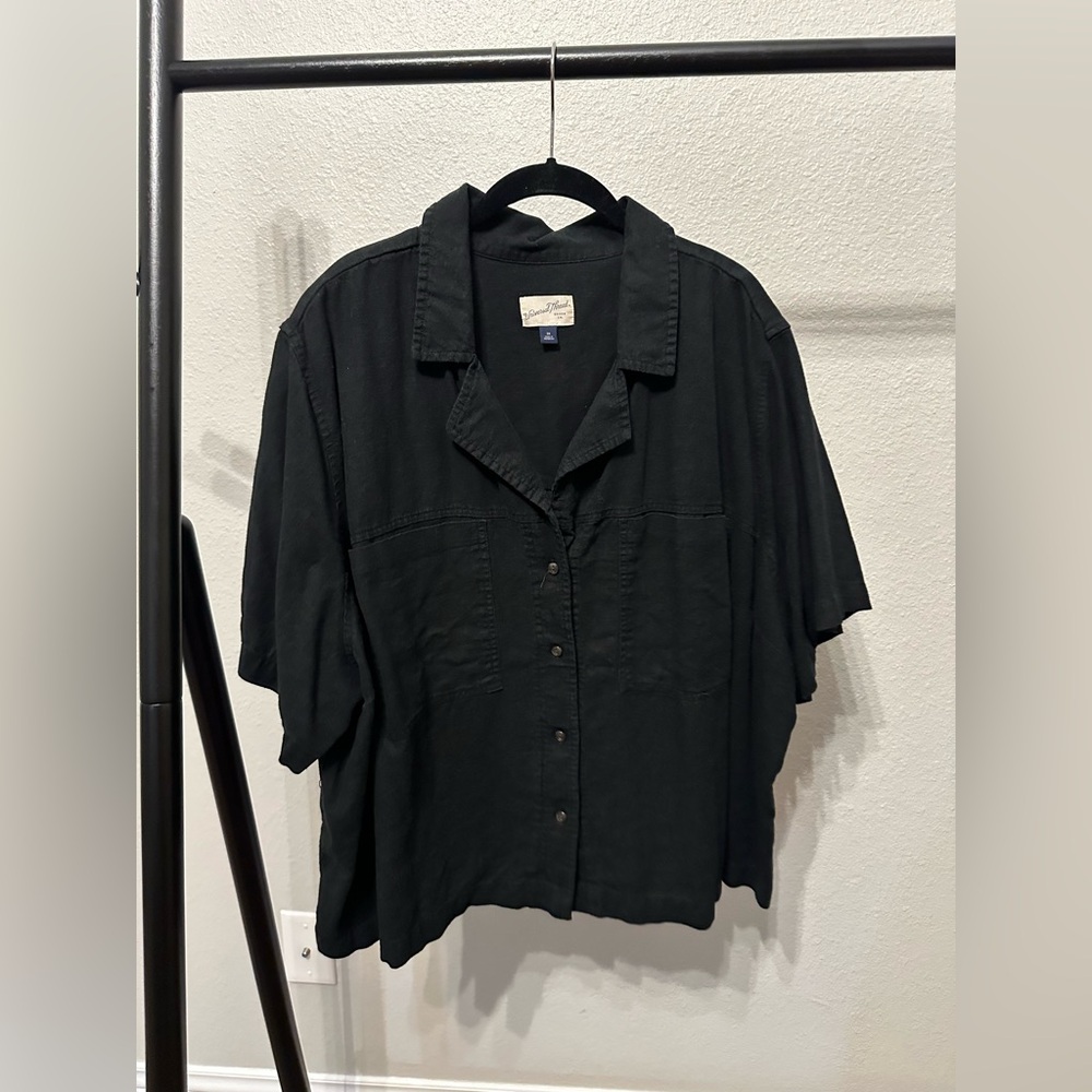 3x - linen blend button up short sleeve shirt